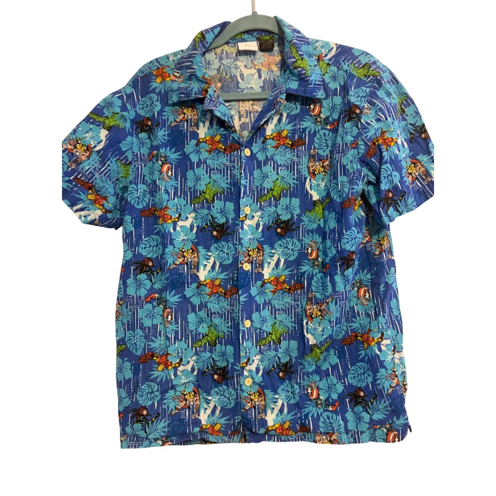 Marvel Avengers Hawaiian‎ Shirt Men's Blue Short Sleeve Button Up Size Medium